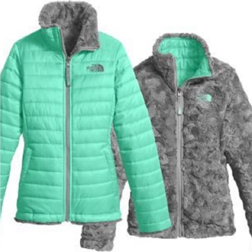 The North Face Girls Mossbud Swirl Reversible Jacket Green & Grey, size XL 18